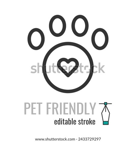 Pet Friendly line icon. pet care symbol. Dog or cat Love Heart with cute paw pictogram. Pets allowed public places sign. Vector graphics illustration EPS 10. Editable stroke