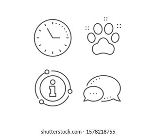 Icono de línea amigable con mascotas. Burbuja de chat, elementos de señalización de información. Signo de garra. Símbolo de servicio de hotel. Icono de contorno lineal para mascotas. Burbuja de la información. Vector