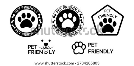 Pet friendly logo series featuring a dog paw, decorative bones, a dog face in clean outline style. Design for stickers on the doors of shops, cafes, hotels and public places.