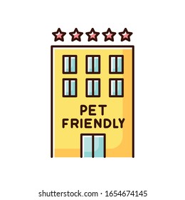 Pet friendly motel exterior yellow RGB color icon. Domestic animals welcome five-star hotel. Cats and dogs permitted hostel, kitty and doggy welcome zone. Isolated vector illustration