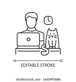 Pet friendly office pixel perfect linear icon. Cat at workplace, kitten and working human. Thin line customizable illustration. Contour symbol. Vector isolated outline drawing. Editable stroke