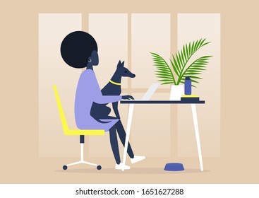 Pet friendly office, young black female character working with a dog on their lap