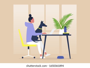 Pet friendly office, young female character working with a dog on their lap