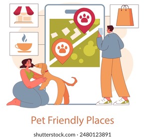 Pet Friendly Places concept. A joyful interaction between a woman and her dog, with icons indicating dog-friendly venues. Technology aiding pet lovers' social experiences. Vector illustration.