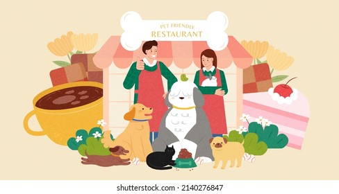 Pet friendly restaurant. Flat illustration of pet friendly cafe owners welcoming different types of domestic animals to visit at the entrance