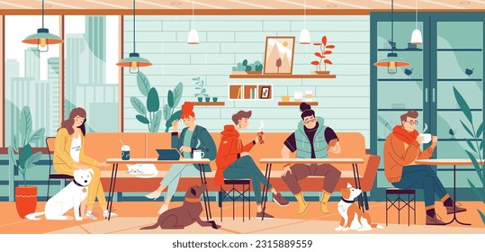 Pet friendly restaurant. Pets owners waiting friends in pet-friendly cafe, people with puppy dog or cat lunch meeting drinking coffee, animals lifestyle vector illustration of restaurant pet friendly