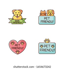 Pet friendly service blue, pink and yellow RGB color icons set. Four-legged friends grooming salon. Domestic animals care, cats and dogs allowed areas. Isolated vector illustrations