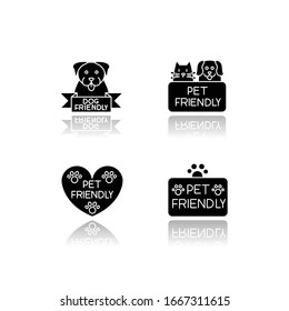 Servicio amigable mascotas, deja caer la sombra de los iconos glifos negros conjunto. Salón de belleza para amigos de cuatro patas. Los animales domésticos cuidan, los gatos y los perros permiten zonas. Ilustraciones vectoriales aisladas en el espacio blanco