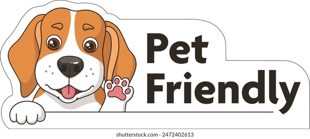 Pet friendly sign, entrance door sticker with cute cartoon style beagle dog portrait, smiling, hello