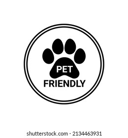 Pet friendly sign, stamp with paw animal. Icon sticker allowed entrance dog and cat. Vector illustration