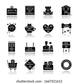 Pet friendly signs drop shadow black glyph icons set. Cats and dogs allowed territories and institutions. Domestic animals welcome public places. Isolated vector illustrations on white space