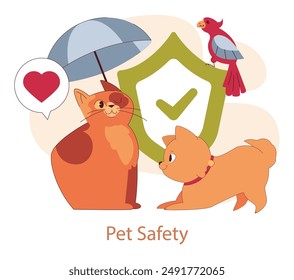 Pet Friendly Space concept. Illustration of a cat and dog under an umbrella with a safety shield, conveying pet care and love. Colorful and playful design. Vector illustration.