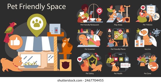 Concepto de espacio amigable para mascotas. Ambientes inclusivos para animales y propietarios con servicios desde aseo hasta comedor y atención médica. Ilustración vectorial.