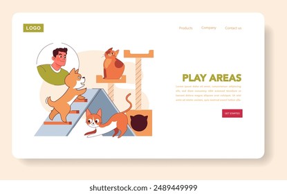 Pet Friendly Space concept. An inviting website banner featuring pets in a play area. Engaging design with playful dogs and a content cat. Vector illustration.