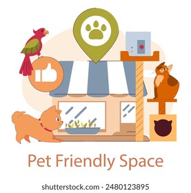 Tierfreundliches Raumkonzept. Herzlicher Empfang für Tiere mit Ikonen von Katzen, Hunden und Vögeln. Inklusives Design für Haustiere. Vektorillustration.