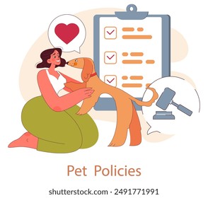 Pet Friendly Space concept. A woman affectionately pets her dog, affirming animal-friendly policies. Love for animals, pet care checklist. Vector illustration.