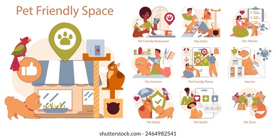 Pet Friendly Space set. A collection of scenarios showcasing pet-inclusive environments. Grooming, dining, playing, healthcare, and acceptance in urban settings. Vector illustration.