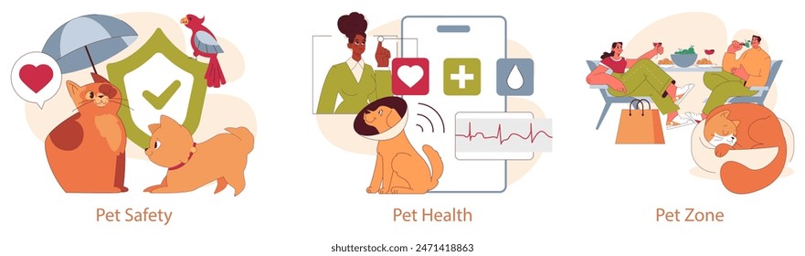 Pet Friendly Space set. Illustrations depicting pet safety, health, and social zones with owners and animals. Ensuring care, well-being and integration. Vector illustration.