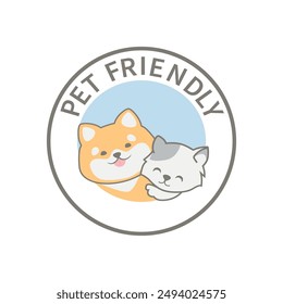 Pet friendly tag icon logo vector. Cute dog and cat smiling illustration. Dog friendly sign.