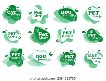 Pet friendly tag. Label and stikers emblem with drops for web and print tag. Pet friendly and care label set. Vector illustration for you design