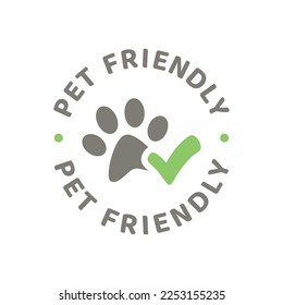 Pet friendly vector label. Ok for pets stamp with dog paw print and checkmark.