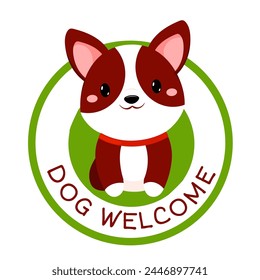 Etiqueta de Vector para mascotas. Sello o pegatina con texto amigable para perros. Cachorro Kawaii dentro del círculo. Clínica veterinaria, etiqueta de la tienda, pegatina. Inscripción Perro Bienvenido. Ilustración vectorial EPS8