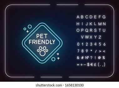 Pet friendly zone sign neon light icon. Animals walking place, cats and dogs welcome territory. Outer glowing effect. Sign with alphabet, numbers and symbols. Vector isolated RGB color illustration