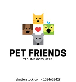 Pet Friends logo design template. Flat illustration background with dog, cat, bird, mouse in a plus shape. Vector animal icon label for veterinary clinic, hospital, vet services, shelter, shop