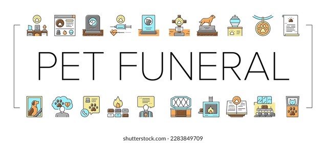 Pet Funeral Cemetery Collection Icons Set Vector. Pet Funeral Ceremony And Prayer, Individual And Collective Cremation, Cat And Dog Dead Concept Linear Pictograms. Contour Color Illustrations