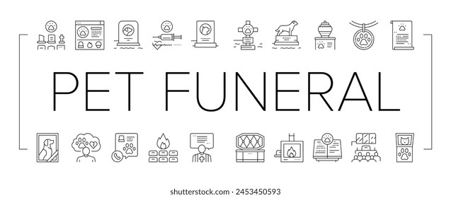 Pet Funeral Cemetery Kollektion Icons Set Vektorgrafik. Begräbniszeremonie für Haustiere und Gebet, individuelle und kollektive Einäscherung, Katzen- und Hundetote Schwarze Kontur-Illustrationen