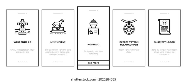 Pet Funeral Cemetery Onboarding Mobile App Page Screen Vector. Pet Funeral Ceremony And Prayer, Individual And Collective Cremation, Cat And Dog Dead Illustrations