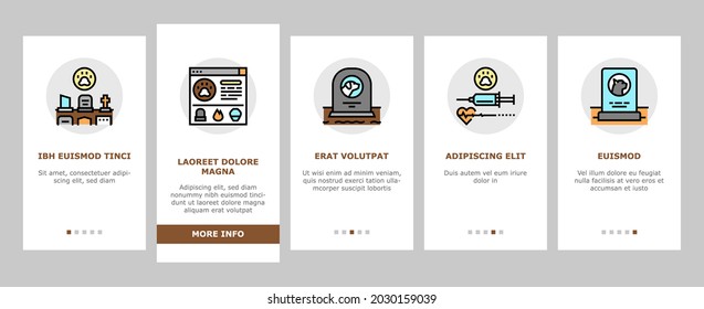 Pet Funeral Cemetery Onboarding Mobile App Page Screen Vector. Pet Funeral Ceremony And Prayer, Individual And Collective Cremation, Cat And Dog Dead Illustrations