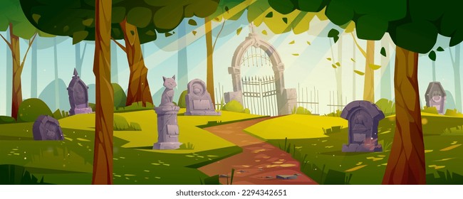 Pet funeral on cemetery in forest vector landscape. Graveyard for dead cat and dog with green grass and sunlight in summer panoramic background. 2d memorial headstone and gate scene with nobody