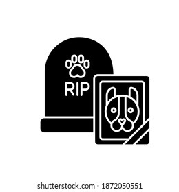Pet funeral service black glyph icon. Assistance with wake organization. Memorial services for domestic animals silhouette symbol on white space. Dog gravestone and photo vector isolated illustration