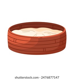 Pet furniture for sleep and rest. Rattan pet bed basket. Comfortable sleeping bed for cat or dog. Cozy sofa for animals. Isolated vector illustration in cartoon style