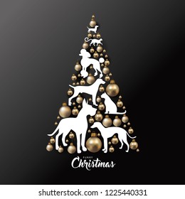 Pet Furry Christmas tree poster or greeting card with realistic golden Christmas baubles or ornaments, dog and cat silhouettes. Eps10 vector illustration.