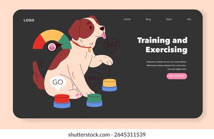 Ilustração de Gadgets Pet. Ferramentas interativas de treinamento para melhorar a obediência e o exercício. Incentiva hábitos saudáveis como comer e andar, promovendo relações mais fortes entre os donos de animais. Vetor