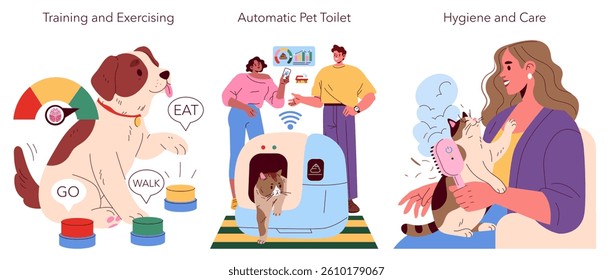 Pet Gadgets Illustration. A modern representation of essential pet gadgets for training, hygiene, and care, showcasing a dog and cat interacting with innovative devices for better pet management and