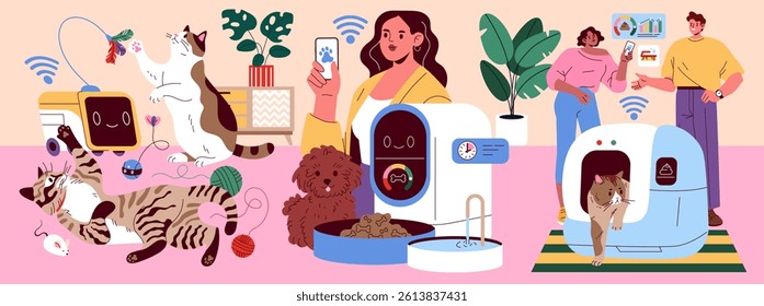Pet gadgets illustration showcases various innovative devices for pets, enhancing their playtime and health. Smart feeders, toys, and monitoring tools help owners connect and care for their furry