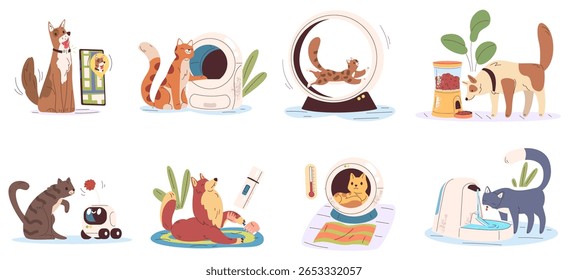 Pet gadgets. Smart devices for pets, ai innovation digital technology, automated feeders toilets online health training dog cat internet control collar, classy vector illustration