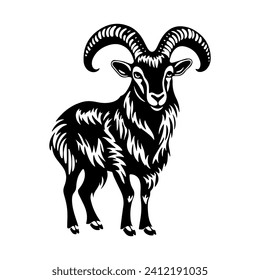 Pet goat in linocut textured style. Isolated on white background vector illustration