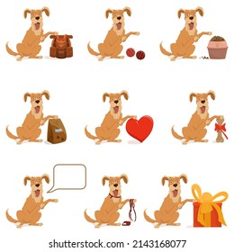 A pet, a golden retriever dog sits next to various objects. Set of vector illustrations, cartoon isolated on white