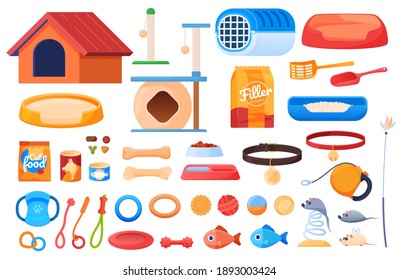 Pet goods, Huts for cats, a doghouse, toys for animals, Food for animals. Vector illustration
