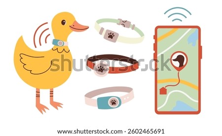 Pet GPS tracker. GPS tracking for duck, goose. A smartphone with a map shows the movement of pets. A pet tracking app. Vector flat illustration on white background.