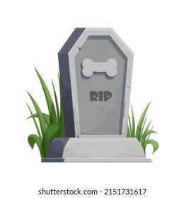 Pet gravestone, animal funeral with foot print decorated with grass in cartoon style isolated on white background. 