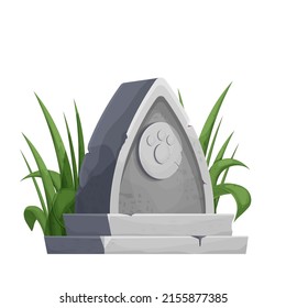Pet gravestone, animal funeral with foot print decorated with grass in cartoon style isolated on white background. 