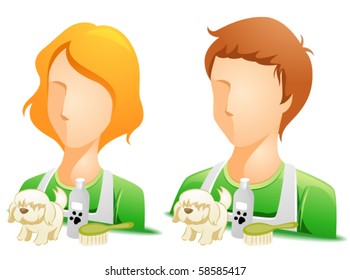 Pet Groomer avatars in a green shirt and apron with a small dog and grooming materials in front - Vector