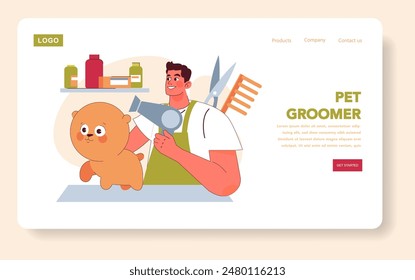 Pet Groomer concept. Professional groomer using blow dryer on a cute fluffy dog in a grooming salon. Pet care and hygiene services. Vector illustration.