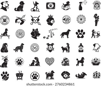 
Pet Groomer Silhouette Bundle, Dog  Grooming Vector Set and Pet grooming care tools animals vector line icons set.
