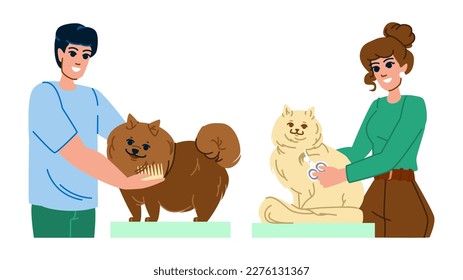 pet groomer vector. dog salon, animal hair, hairstyle hand, care canine, brush barber pet groomer character. people flat cartoon illustration